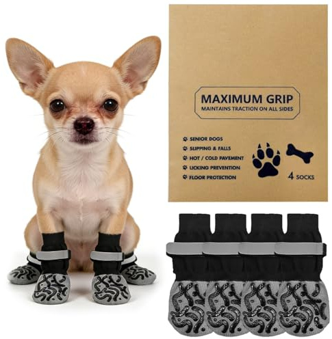 KEJOL 2 Paar Hundesocken mit Antirutsch-Beschichtung, Pfotenschutz Hundeschuhe Indoor mit verstellbaren Riemen für Senioren-Hunde auf Hartholzböden (Schwarz, XS)
