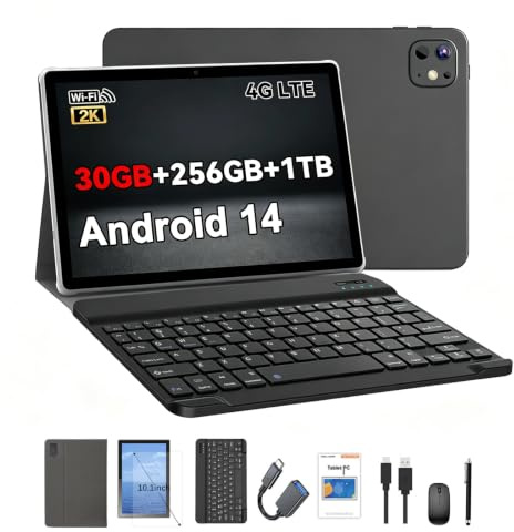Crelander 10.1 Zoll Android 14 Tablet mit SIM-Kartenslot 4G LTE Calling, 20GB+256GB, 1920x1200 IPS Touchscreen, Dual-Kamera, Bluetooth/WiFi, Bundle mit Hülle, Tastatur, Maus & Stylus (Grau Schwarz)