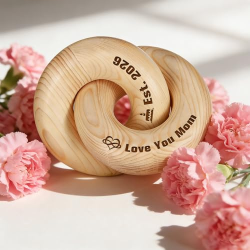 WBW Personalized Interlocking Wooden Knot, Customizable Chain Link Sculpture, Custom Wood Circle Knots Decor Engraved Names Date Icon, Handmade Table Decors Gift for Wedding, Mother’s Day (RING 1)