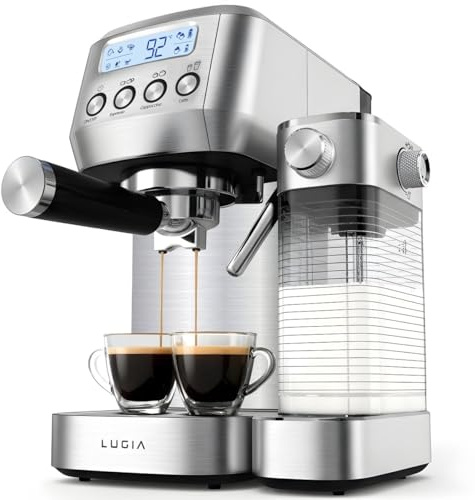 Lugia Espressomaschine Siebträgermaschine 20 Bar mit Automatischem Milchaufschäumer LED Display für Espresso Cappuccino Latte Macchiato Edelstahl Kaffeemaschine für Zuhause