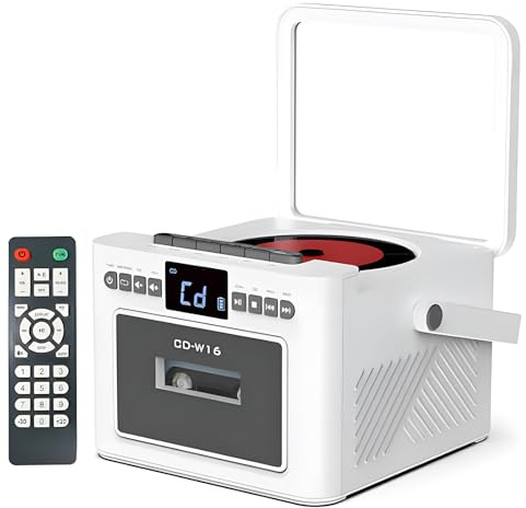 Portable CD Player, 5.1 Bluetooth Boombox Cassette Player with 5000mAh Battery, 5W Dual Stereo Speakers, FM Radio, Tape Recording, LED Display, Remote Control for Home Travel AUX/USB/SD white