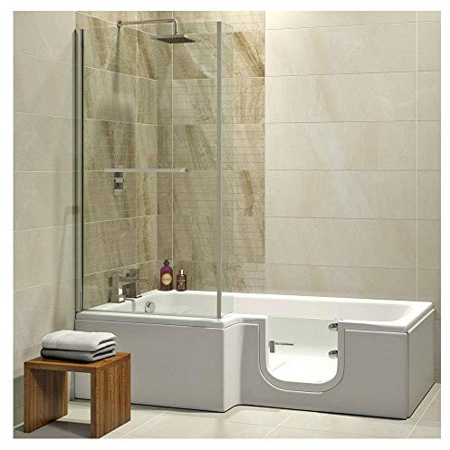 Badewanne mit Tür, Seniorenbadewanne 170x85/70x53cm mit Duschkabine,Wannenschürze und Ablauf/Sifon, Ausführung LINKS