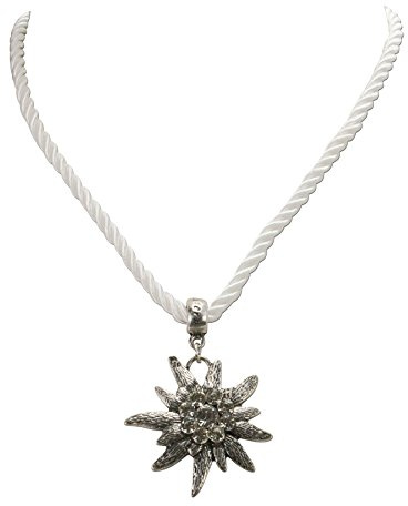 Collar de cordón con pedrería Edelweiss - Collar tradizional para señoras con piedra de cristal, Collar Dirndl con cinta de cordón para blusa tradicional, Joyas para Oktoberfest (blanco)