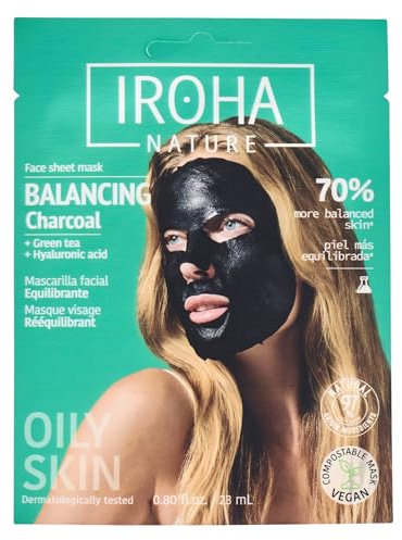 IROHA NATURE - Maschera Viso in Tessuto Riequilibrante e Idratante con Carbone e Acido Ialuronico | Purificazione Profonda per Pelle Pulita e Senza Imperfezioni | Risultati in 15 Minuti | 100% Vegana