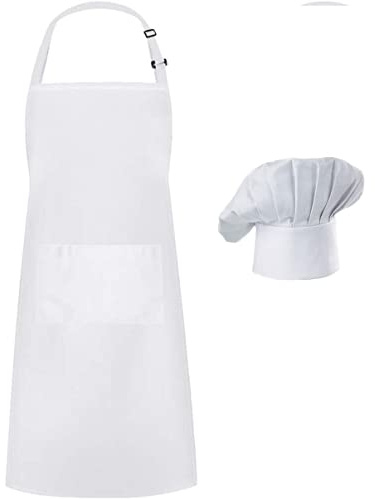 Hyzrz Chef Apron Hat Set, Chef Hat and Adult Kitchen Pocket Adjustable Apron with Butcher Hat Baker Costume for Men and Women Father's Gift (White)