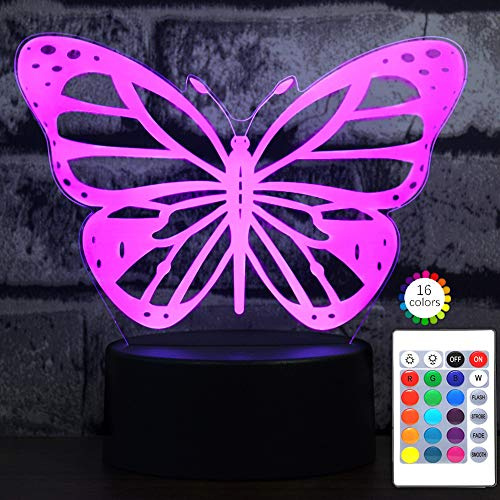 i-CHONY Butterfly 3D Night Light Birthday Gift Illusion Lamp, 7 Colors Auto Changing Table Desk Lamp - with Touch Switch & Remote Control & USB Cable Butterfly Light - Gifts for Women Teens Girls