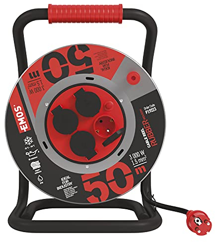 EMOS - Kabeltrommel 50m aus Stahlblech - 4 Schuko-Steckdosen - wasserdicht, schlagfest, öl- & witterungsbeständig - 230 V, 16 A, 3680 W - Gummi-Isolierung - H07RN-F 1,5 mm2 - IP44 für Außenbereich