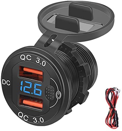 Auto USB Steckdose Kfz Ladegerät Buchse QC3.0, 12V/24V Wasserdicht Dual USB Kfz Ladebuchse mit 23,6-Zoll-Kabel LED Anzeige und Touch Schalter