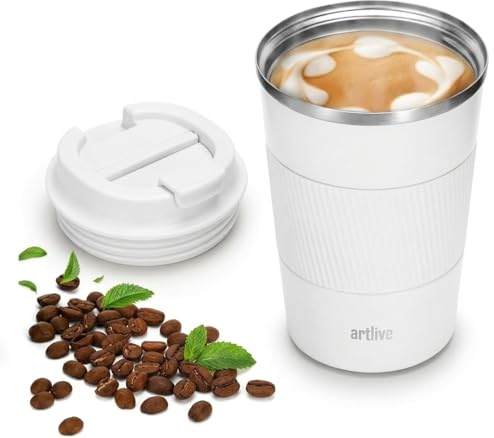 Artlive Coffee Cup, Reusable, Insulated & Double Wall Travel Mug - Travel Cup Thermal Stainless Steel Eco-Friendly with Lid - Hot & Cold Coffee Mug 510ml (WhiteGrip, 380 ml)