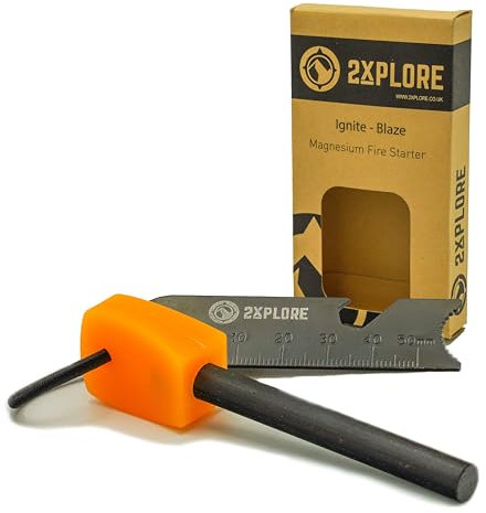 2XPLORE Flint And Steel Fire Starter Kit-Ferro Rod Bushcraft Survival Equipment-Fire Striker Multi Tool With A Orange Glow In The Dark Handle Essential Camping Survival Equipment.