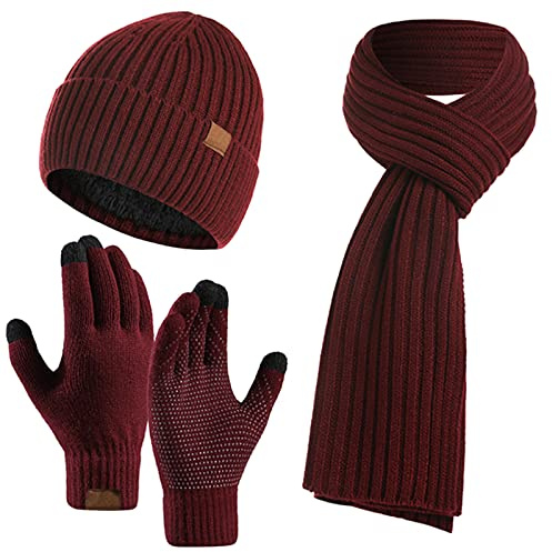 Kunyeah, set da 3 pezzi invernale unisex con cappello, sciarpa e guanti, caldo berretto in maglia con guanti touchscreen e sciarpa lunga, outfit per uomo e donna, Borgogna, Taglia unica