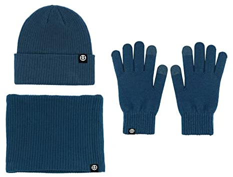 Wintermütze Warm Strickmütze Schal Mütze Handschuhe 3-in-1 Set Beanie Mütze Warme Loop Schal Strickset für Herren Damen (Blau)
