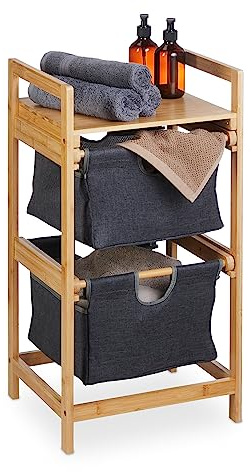 Relaxdays Estante Estantería Cesto Ropa Sucia, Bambú, Extraíbles, 73x36,5x33 cm, 2 Sacos y 1 Balda, Cubo Lavandería, Natual/Gris, Poliéster, 73 x 36.5 x 33 cm