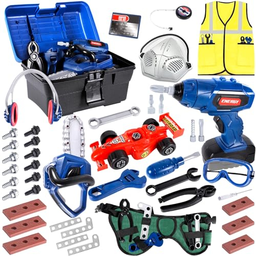 AOUVT 73 Pcs Werkzeugset für Kinder - Werkzeugkasten mit Elektrische Bohrmaschine, Kettensäge, Schraubendreher und Montagewagen - Geeignet für 3 4 5 6 7 8 Jungen- und Mädchenspielzeug-Werkzeugsätze