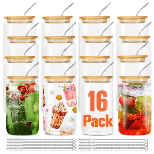 ASKIZ 16Pcs Glass Cups With Bamboo Lids and Straws,16Oz Ice Coffee Cup,Drinking Glasses Cups Set,Water Bottles Glasses for Juicing,Beer,Coffee,Soda,Tea-Glass Tumbler Reusable for Gifts