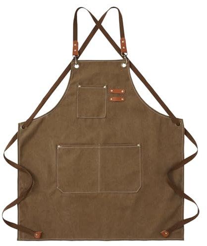 Cosymate Work Canvas Apron with Pockets for Men, Heavy Duty, Resilient, Waterproof, Adjustable Tool Apron for Craft Workshop, Garage, Garden, Brown
