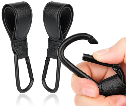 (2pcs Black) Buggy Stroller Hooks - Pram Pushchair Clip for Baby Mummy Bag Hangers - Leather Carabiner Universal Clips Organizer for Hanging Bags, Backpacks, Purses, Grocery Items and Outing (Black)