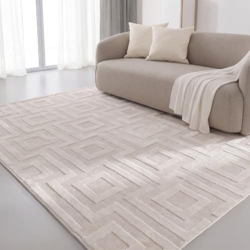 Interiyou Tappeto salotto pelo corto Cannes - 160x230 cm Crema - Stile boho scandinavo con effetto 3D alto-basso - Piatto con motivo geometrico