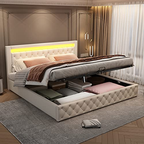 Rtopsu Polsterbett Doppelbett 180x200 cm mit LED-Kopfteil, Bett mit Stauraum, Bettgestell mit Hydraulische Metallrahmen und Lattenrost aus Holz, PU, Weiß, Ohne Matratze