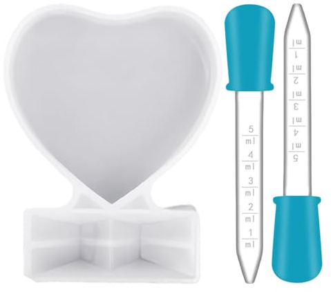 DHSBGWSX 1 molde en forma de corazón, 2 goteros de silicona, molde de resina de silicona, forma de corazón, marco de fotos, decoración de escritorio, decoración de bricolaje, joyería de manualidades