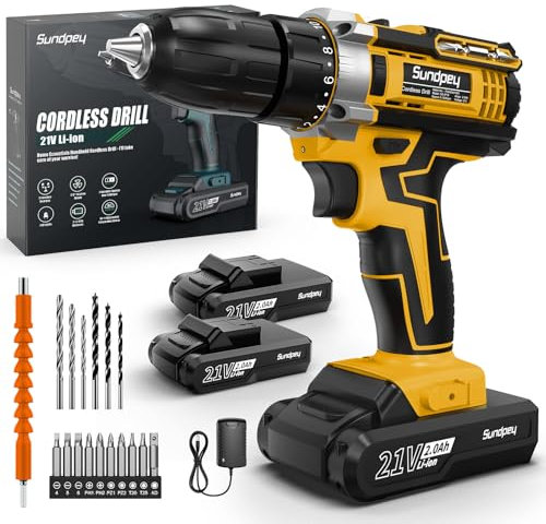 Sundpey Cordless Drill Set 21V - Power Electric Drill Driver with 2 Batteries 2.0Ah, 18+1 Torque, 45N.m Max, LED Light, Spirit Level, 10mm Keyless Chuck, 2 Speed Electric Screwdriver for Home
