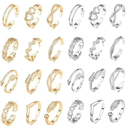 24Pcs Adjustable Toe Rings, Gold Silver Minimalist Open Toe Rings Set for Women Summer Beach Foot Jewelry Set for Various Parties, Beach, Everyday Wear