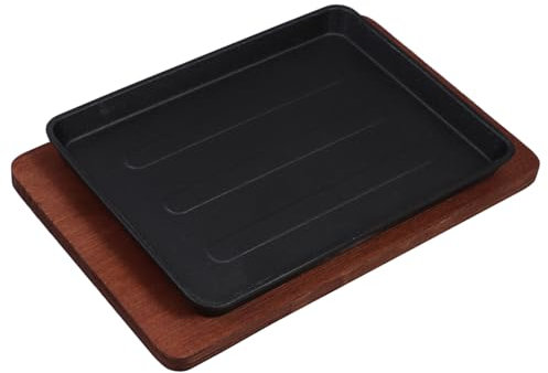 PRETYZOOM Square Barbecue Fried Pan Cast Iron Steak Plate Wooden Base Heavy Duty Fajita Plate for Home Cooking