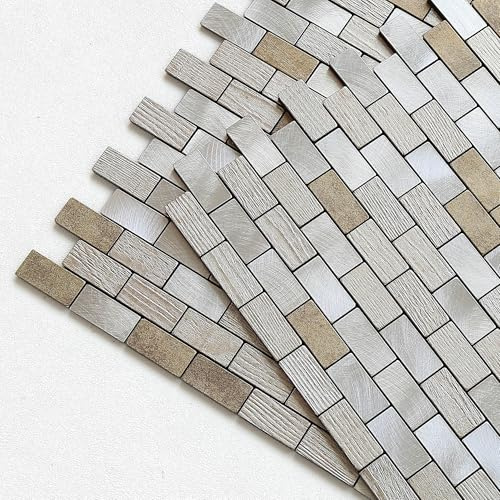 M MOFIT Metal Peel and Stick Brick Kitchen Backsplash Self-Adhesive Wall Mosaic Tiles for Fireplace Stove Bathroom(Beige Champagne 5pcs)