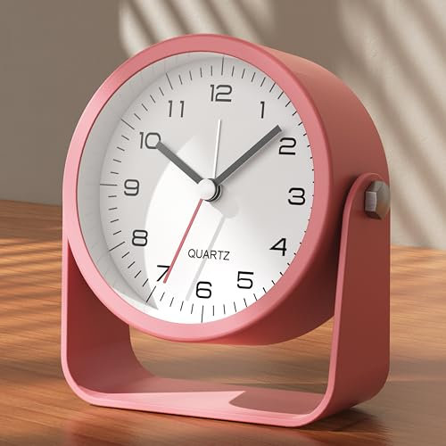AYRELY® Petit réveil analogique de 8,9 cm, fonctionne à piles, jolie horloge de table avec lumière, angle réglable pour voyage, chevet, chambre à coucher, enfants, décoration de salon (rose foncé)