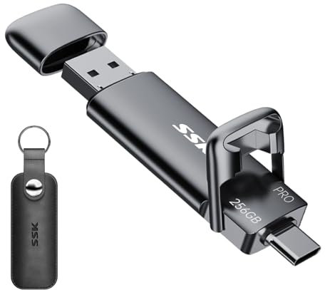 SSK SSD Externe 256GO Disque Portable SSD Cle USB 3.2 Gen 2 Jusqu'à 1000Mo/s, 2 en 1 OTG Solid State Drive 256 GO Double Clé USB A & Type C de PC Mobile Ordinateur Photos Vidéo MacBook Pro Air et Plus