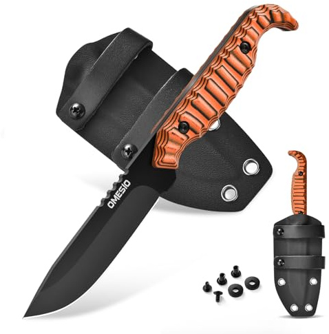 Omesio Outdoor Kniv Survival M-FT15, D2 Stål Full Tang Med Kydex-Slida Bälteskniv, 9 cm Bladlängd Liten Jaktkniv, Svart Blad + Orange G10-Handtag TVåfärgad För Fiske Present