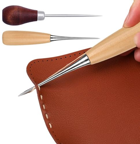 Rixotix 2 Stück Locher, Vorstecher Mit Holzgriff Ahle für Leder Werkzeuge Ahle Werkzeug Nähahle mit Holzgriff Ahlen Profinähahle Leder Nähset Rund Ahle Prickelnadeln Klein von Leder Für Nähen Stanzer