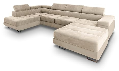 Masseno Canapé d'angle CASONE L-S avec Fonction Couchage Forme en U, Glamour, avec Coffre de Rangement, Ensemble canapé de Salon - Crème