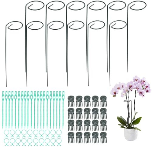 FALSKT 12 Pièces 40 CM Support Tuteurs pour Fleurs, Tuteur Orchidee en Métal, Anneau de Support de Plante, Tuteur Plante Interieur avec Anneaux, pour Roses, Légumes, Tomates, Piments, Vert