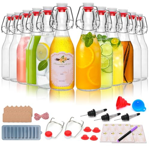 8oz Swing Top Glass Bottles - 12 Pack Flip Top Glass Bottle with Airtight Lid for Home Brewing, Fermentation, Beer, Vanilla Extract, Limoncelle, Kombucha, Kefir, Soda, Bonus Gaskets and Pourers