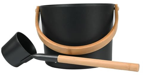 Sauna Bucket and Ladle Set, 1.85 Gallons (7L) Large Aluminum Sauna Bucket with Long Wooden Handle Spoon, SPA Shower Accessories, Saunas Accessories Set for Home Saunas (Color:Black)
