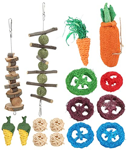 Qukaim Giocattoli da masticare per conigli, palla di erba in rattan, luffa, carota, per criceti, cincillà, porcellini d'India, digrignamento dei denti, giocattoli da masticare per piccoli animali