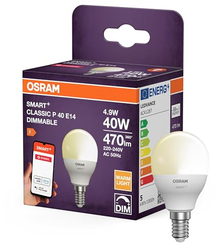 OSRAM Lampada LED SMART P40 mini a forma di sfera E14, 4,9 W ZigBee 3.0, dimmerabile 2700 K bianco caldo, controllo tramite app, Alexa, Smart Home