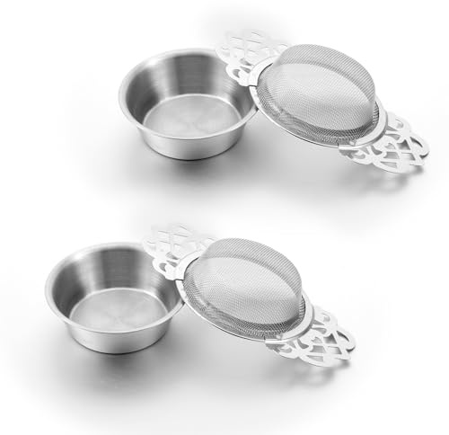 2 Pack Loose Tea Infuser Stainless Steel Leaf Teas Drain Strainer with Double Petal Handles, Extra Fine Mesh Tea Drip Bowls Teapot Divider for 2.5-4 Inch Cup Mouth, Silver