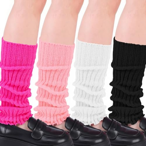 Zuimei 4 Pairs 80s Leg Warmers Ladies, Pink Leg Warmers for Women 80s Style Vintage Knit Knee Warmer for Ballet, Yoga and Parties