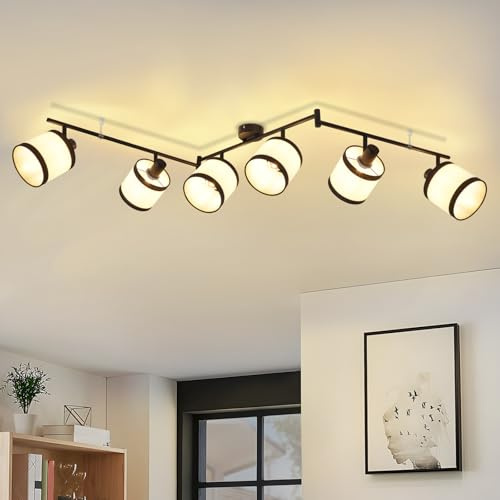 Glitzerlife Deckenstrahler 6 Flammig Deckenlampe Deckenleuchte E14 Retro | Deckenspots Industrial Stoff Schwarz Wohnzimmerlampe Schwenkbar 350° für Schlafzimmer Küche (Ohne Leuchtmittel)