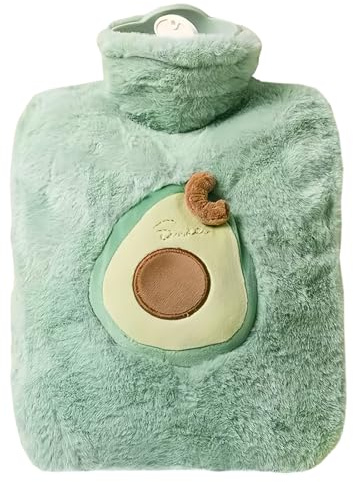 Torytoe Wärmflasche mit Weichem Bezug, Auslaufsicher 1L Groß Wärmflaschen, Bettflasche für Kinder und Erwachsene, Warmflasche mit flauschig Bezug, Geschenke für Frauen, Grüne Avocado