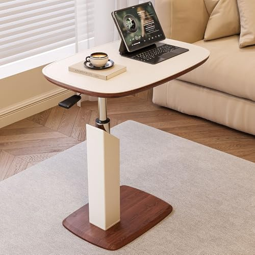 MFYLAYVE Höhenverstellbarer Beistelltisch mit Versteckten Rollen & Pneumatik, Kleiner C-Form Betttisch Sofatisch mit 360° Drehbar, Holz Side Table für Wohnzimmer, Laptoptisch für Couch Sofa Bett