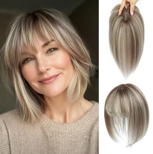 Hair Toppers for Thinning Hair Women Real Hairpieces for Women with Bangs 10 Inch Upgrade Swiss Lace Base Human Hair Topper for Cover Gray Roots (4T6/613#)