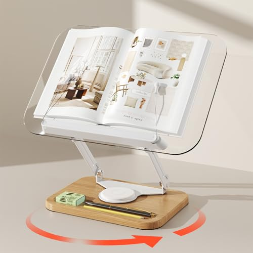 Buchständer zum Lesen, verstellbarer Buchhalter Leseständer mit um 360° drehbaren Sockeln, faltbarer Desktop-Ständer, elastische Clips für Kochbuch, Rezepte, Zeitschriften
