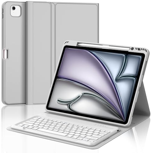 IVEOPPE Teclado para iPad Air 13 Pulgadas M4 2026/M3 2025/M2 2024, Funda Cover Teclado Español Ñ Bluetooth Desmontable para iPad Pro 12.9 3-6 Gen, Gris Claro