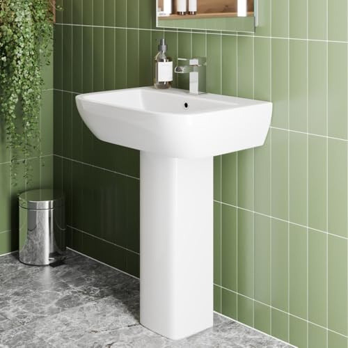 Baystone® Provence 1 Tap Hole Wash Basin Sink & Full Pedestal Bathroom Floor Standing Single Tap Hole Square Ceramic White Gloss