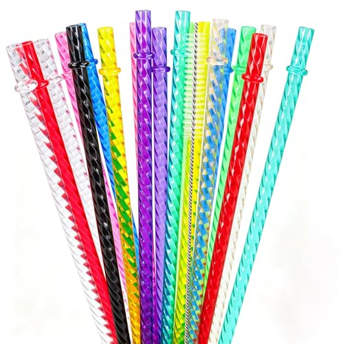 50 Stück Hart Wiederverwendbare Strohhalme Plastik mit Strohhalmbürste, Lange 31cm Farbige Transparent Gedrehte Trinkhalme für Stanley 30 oz & 40 oz Tumbler