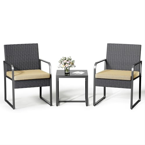 Blishom Set Giardino in Rattan per 2 Persone, Mobili da Esterno in Vimini con Cuscini, Tavolino e 2 Sedie per Terrazza, Balcone, Giardino o Piscina (beige)