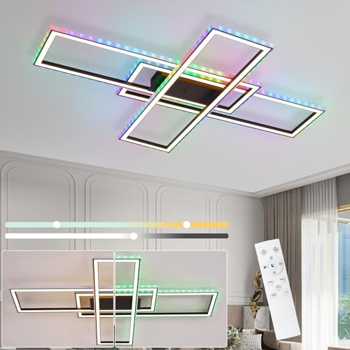 Homefire Deckenlampe RGB Farbwechsel LED Deckenleuchte Schwarz 50W Dimmbar | Modern Wohnzimmerlampe Rechteckig mit Fernbedienung, Metall Schlafzimmer Deckenleuchten für Jugendzimmer, Büro, Gaming Zimmer